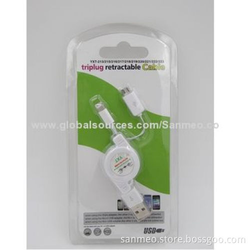 Triplug retractable cable for iPhone 5/micro USB, charge various digital devices, high speedNew